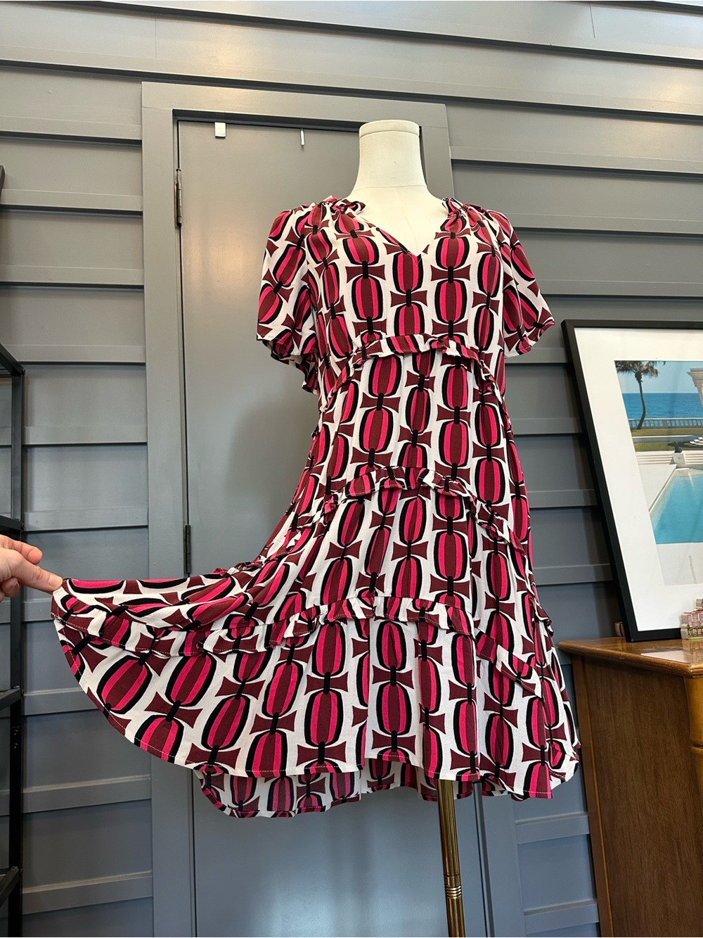 NWT By Anthropologie Pink and Black Geometric Ruffle Tiered Mini Dress XXS